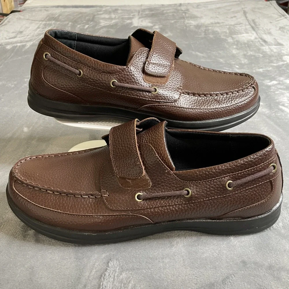 Apex A2100M Mens‎ Comfort Boat Shoe US 15 Med Brown Leather Hook & Loop Diabetic